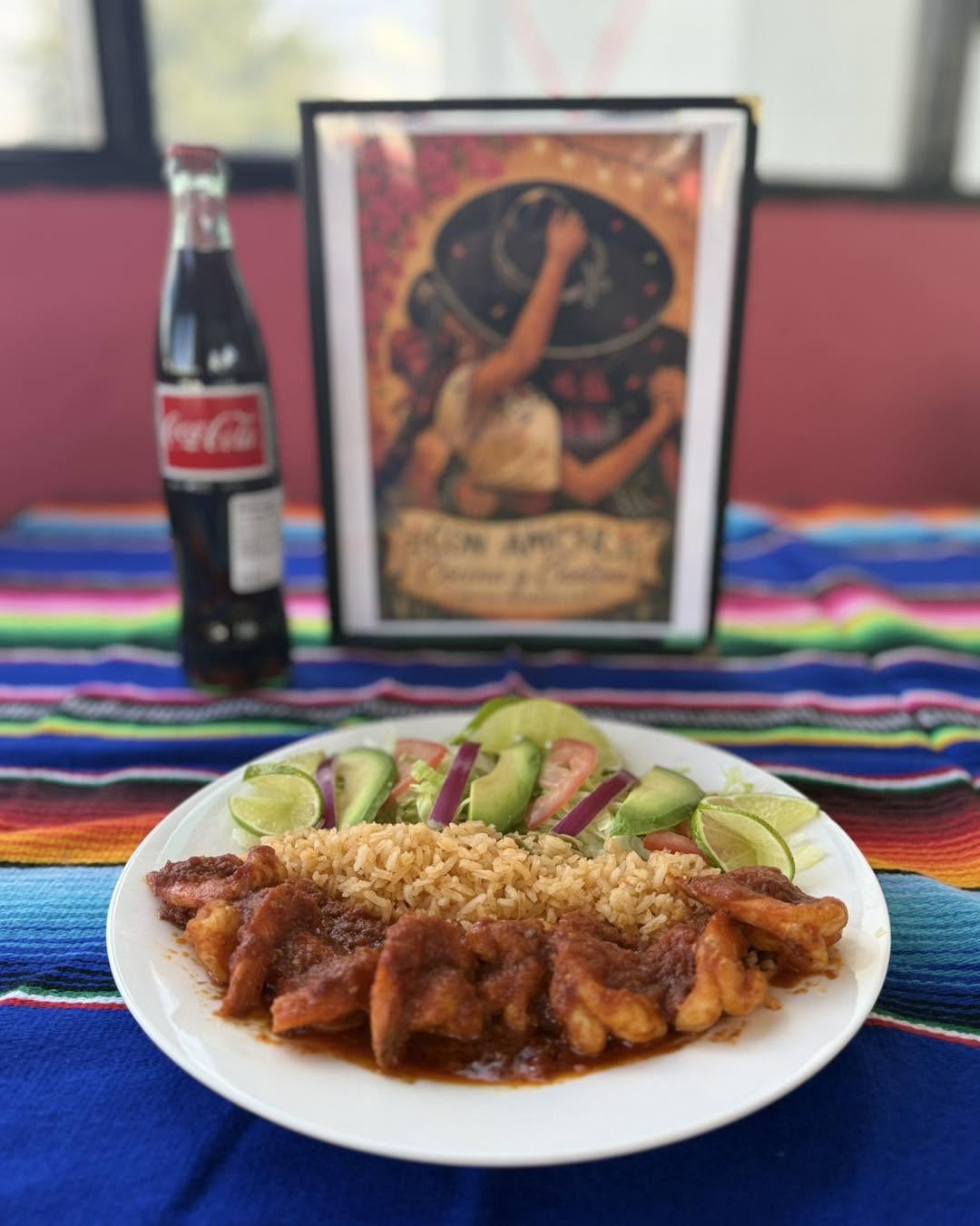 Camarones a la diabla served with Mexican rice and a fresh side salad at Con Amor Cocina Y Cantina