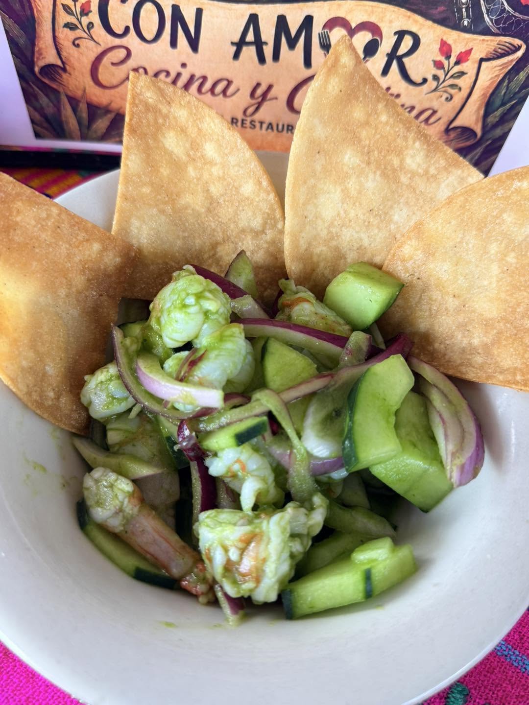 Aguachile de camarón with crisp corn tostadas served at Con Amor Cocina Y Cantina